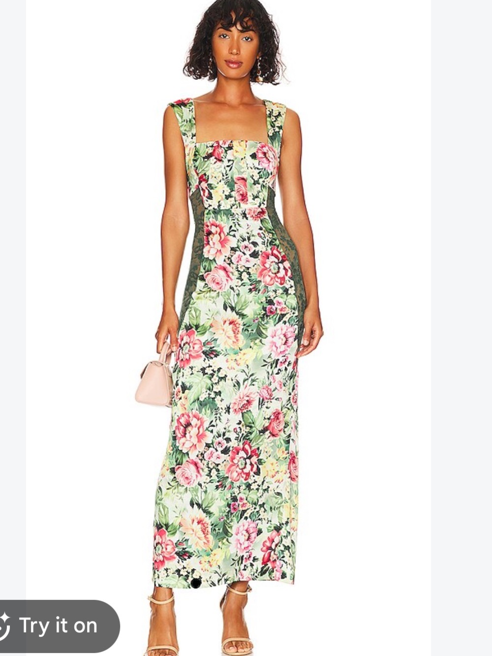LPA Diana Revolve Floral Square-Neck Maxi Dress in Green with Pink Roses